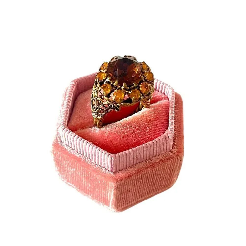 Vintage West Germany Amber Glass Brass Filigree Cocktail Ring